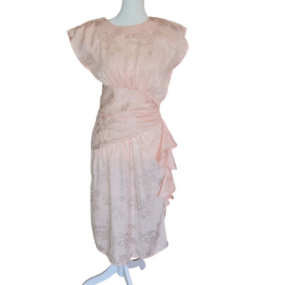 Vintage April Rain‎ Peach Floral Jacquard Ruffle Side Cocktail Dress 80s USA 7/8